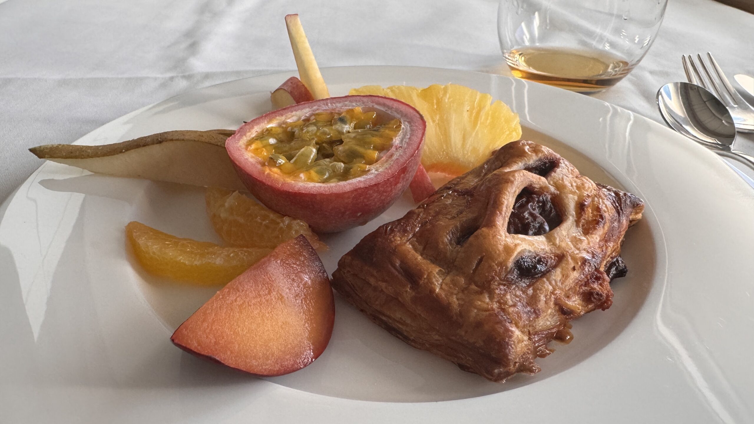 Swiss First Class dessert - pastries and fruits